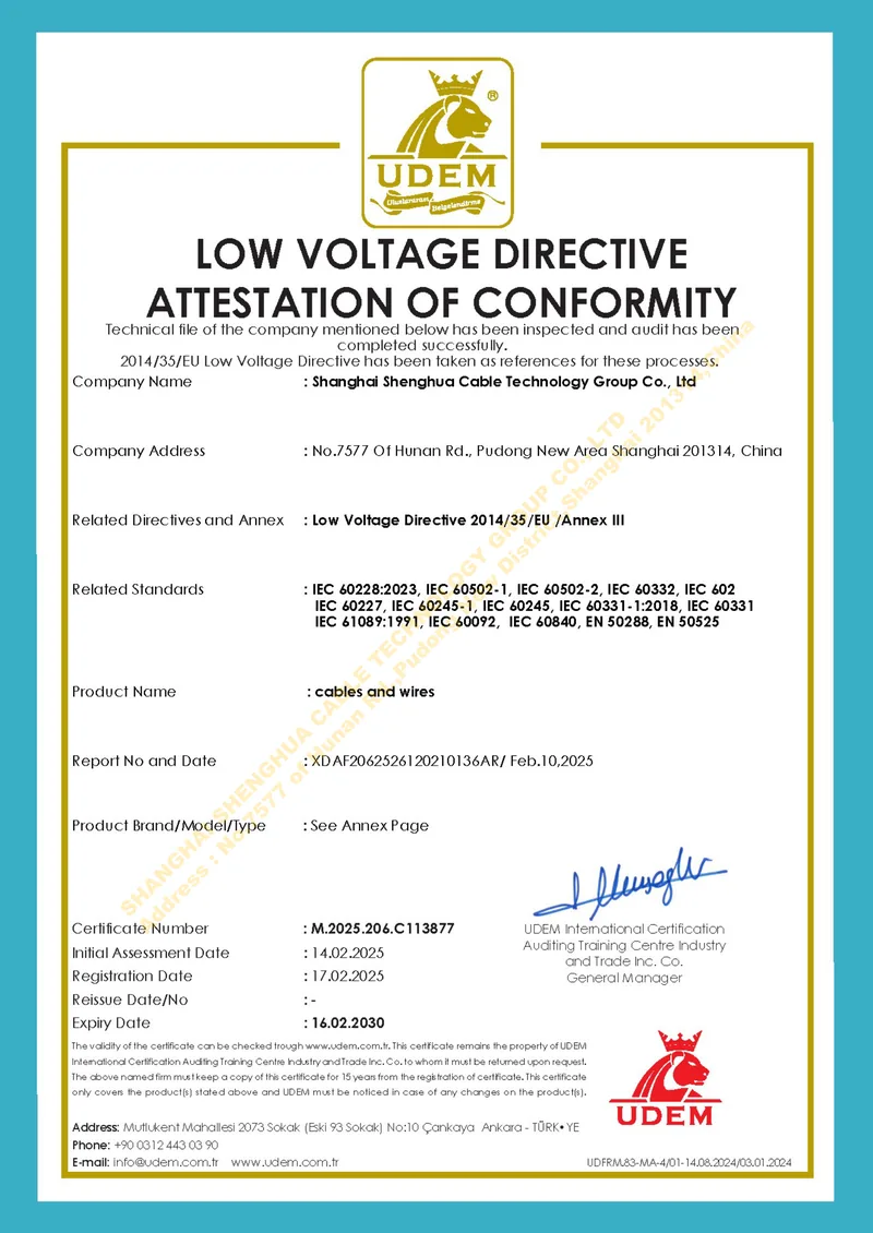 UDEM attestation of conformity under the EU Low Voltage Directive for domestic cable models, with the photovoltaic models listed in its annex