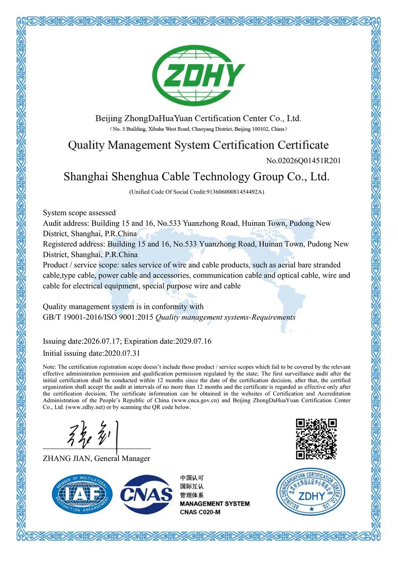 ISO 9001:2015 quality management system certificate naming Shanghai Shenghua Cable Technology Group Co., Ltd., with the certification body and the IAF and CNAS marks at the foot