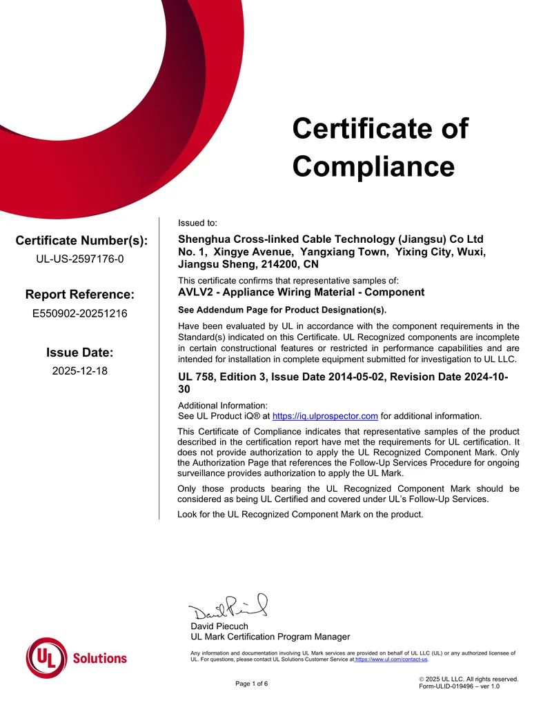 UL certificate of compliance for appliance wiring material, category AVLV2, naming Shenghua Cross-linked Cable Technology (Jiangsu) Co., Ltd.