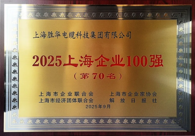 Gold plaque for the 2025 Shanghai Top 100 Enterprises list, showing rank 70