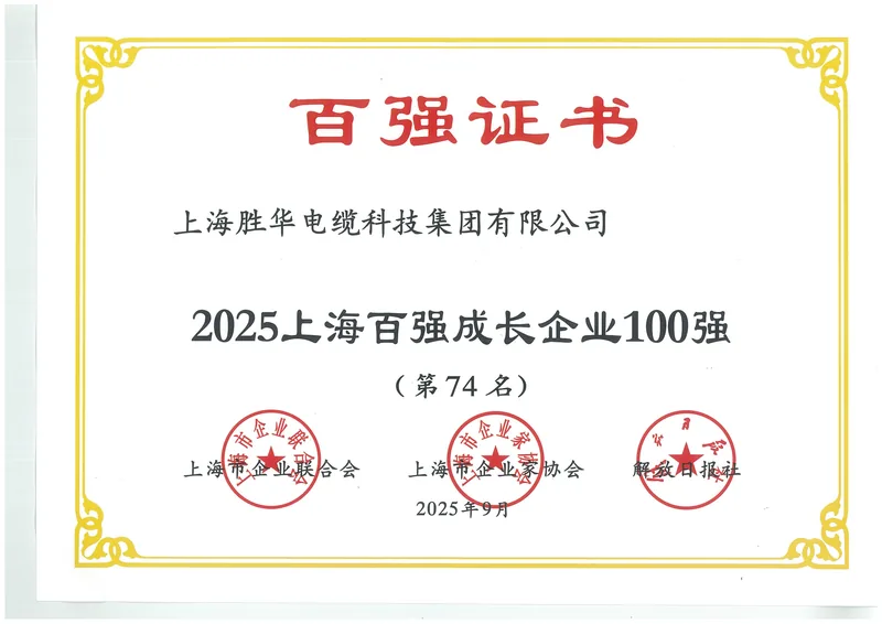 Framed certificate for the 2025 Shanghai Top 100 Growth Enterprises list, showing rank 74