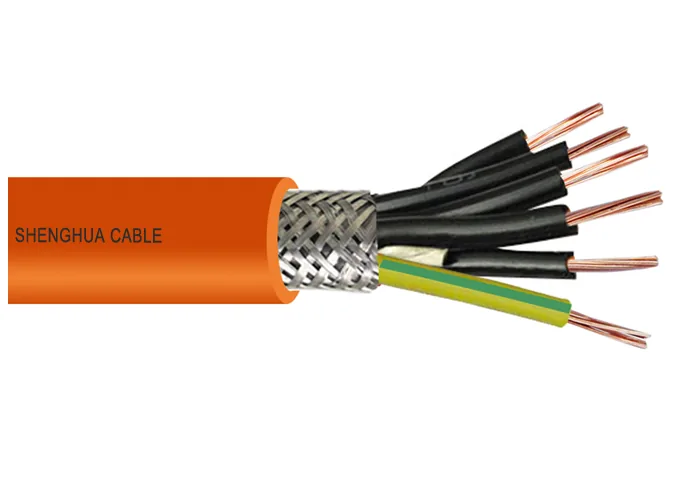 Cable with an orange sheath peeled back to show a copper wire braid over black and green-and-yellow cores
