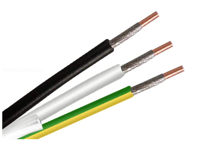 Close view of insulated cores in black, white and green-and- yellow, stripped at the ends