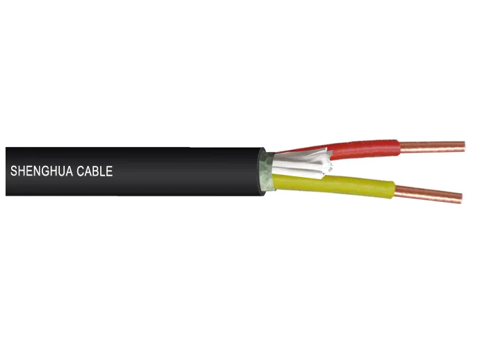 Three-core cable peeled back to show red, blue and green-and- yellow insulated cores
