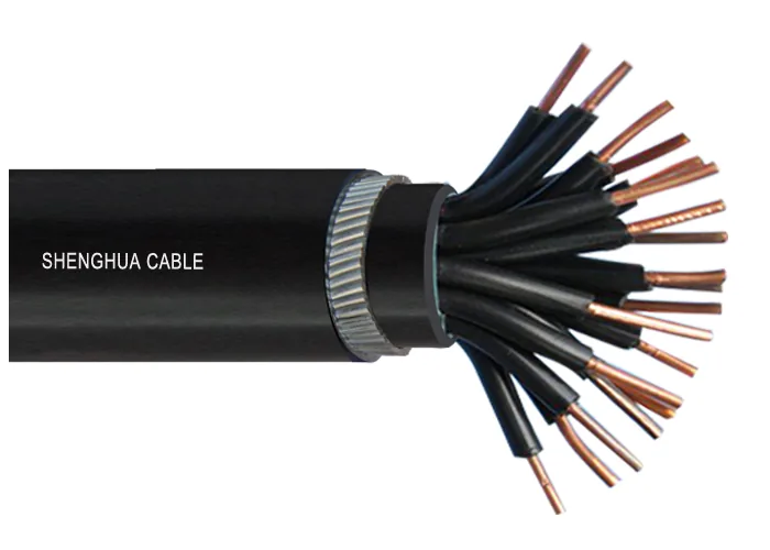 Control cable with wire armour over the bedding, peeled back to fan out many black-insulated cores
