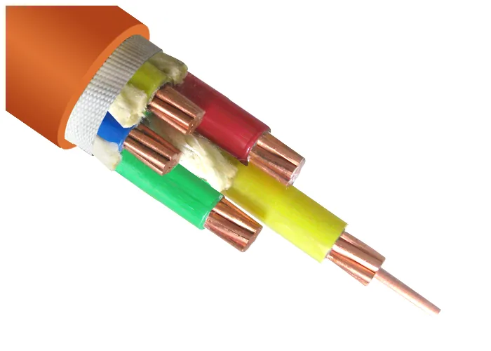 Orange sheathed cable peeled back to green, yellow, blue and red insulated cores with bare copper ends