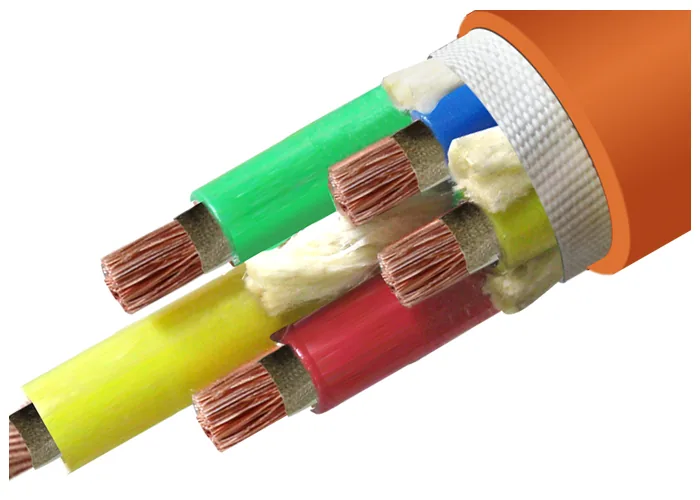 Orange sheathed cable opened out to green, blue and yellow insulated cores in white filler, over a woven white bedding tape