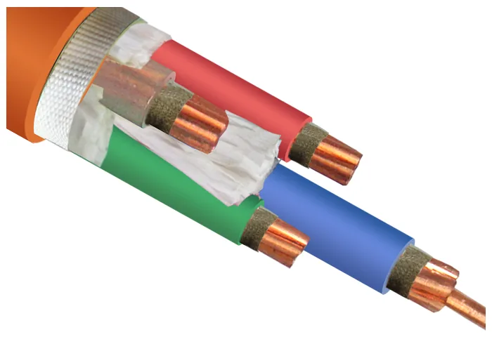 Close-up of the cut end of an orange sheathed cable, the insulated cores laid open over a woven white bedding tape