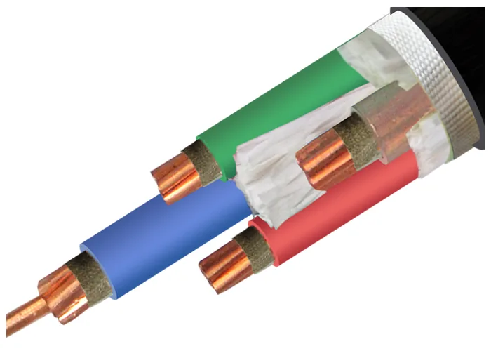 Black sheathed cable with the green, blue and red insulated cores fanned apart over a woven white bedding tape