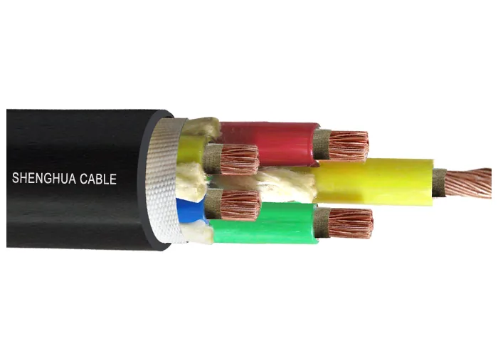 Black sheathed cable with the printing running along the sheath, opened out to red, yellow and green insulated cores in white filler