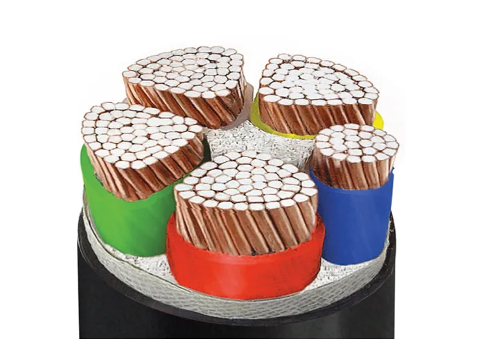 Five-core cable cut back to show silver-coloured stranded conductors under red, green, blue and yellow insulation