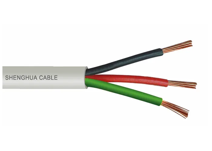 Flat three-core cable with a printed white sheath, opened to show red, green and black insulated cores