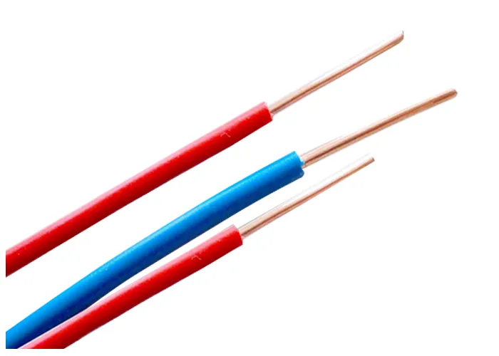 Two single-core wires, one red and one blue, both stripped at the end to show bare copper