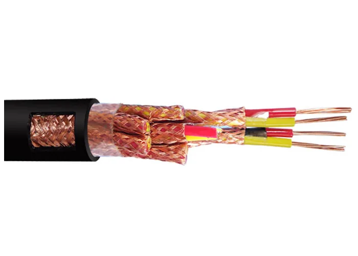 Stripped-back screened cable with individually braided screened pairs gathered under an overall copper wire braid, black outer sheath
