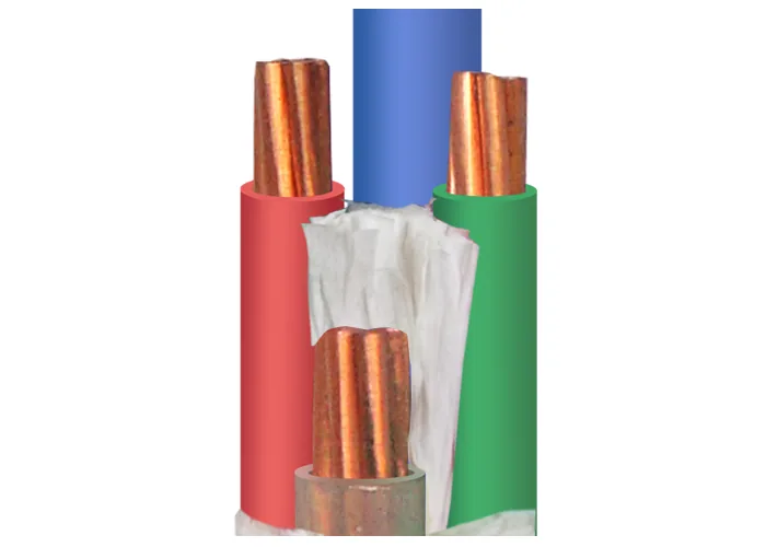 Four-core power cable cut back to the cores, showing four insulated copper conductors and filler between them