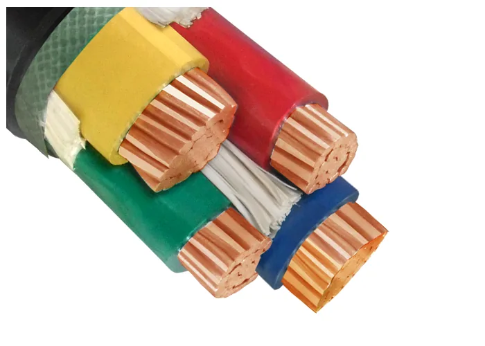 Multi-core cable opened out to show colour-coded insulated cores and a bedding over stranded copper conductors