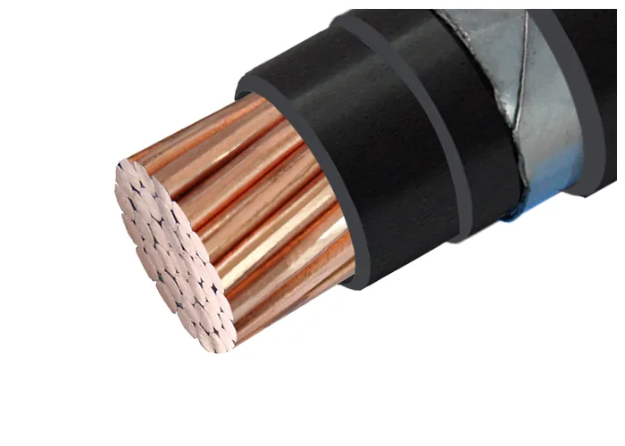 Single core cable with a black sheath peeled back to expose a large stranded copper conductor