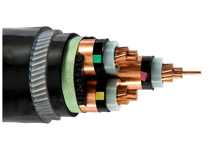 Low voltage power cable cut back to show wire armour wound over the bedding, with colour-coded insulated cores inside