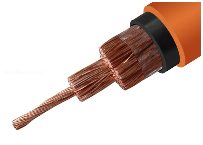 Rubber sheathed cable with an orange sheath peeled back to a stranded copper conductor