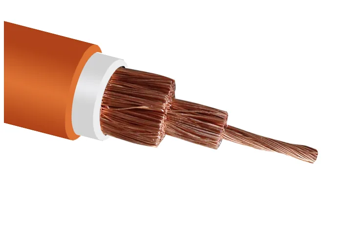 Orange rubber sheathed cable cut at an angle, showing the sheath and wall thickness around the conductor