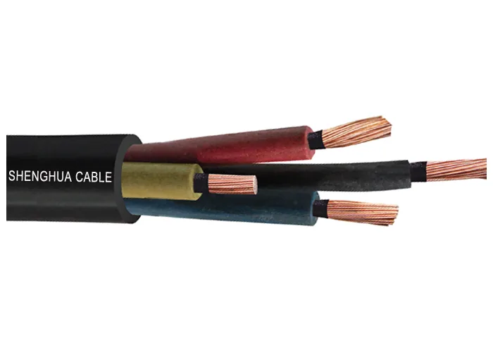 Cable with a black sheath opened out to red, black and yellow insulated cores with bare copper ends