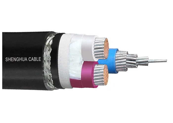 Cable peeled back to show a metallic braid screen over white and purple insulated cores