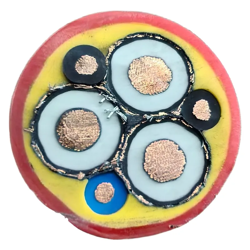 Cut section of a multicore cable — a red outer sheath and a yellow layer around three large cores with stranded copper conductors, plus smaller cores with black jackets and a blue jacket