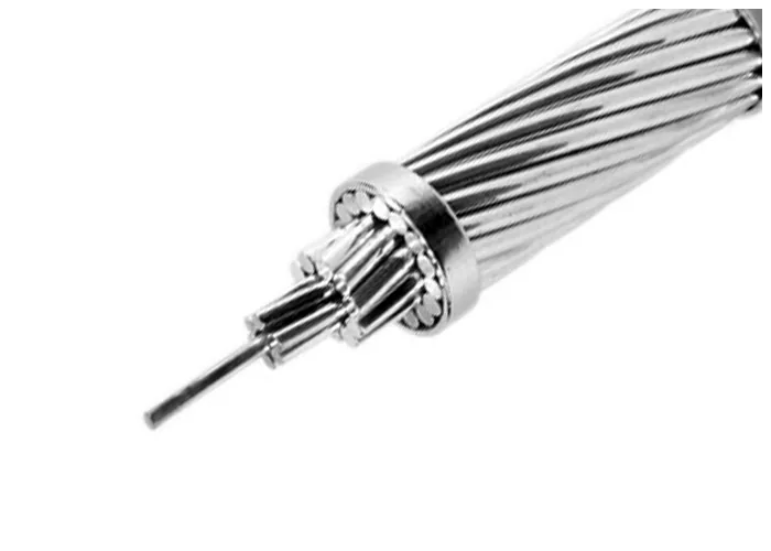 Bare overhead conductor made up of outer aluminium strands over a steel core, cut at the end