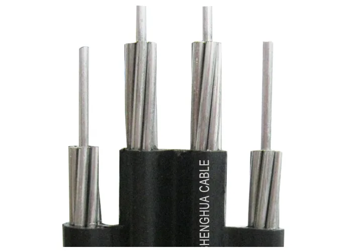 Aerial bundled cable ends separated in a bracket, showing insulated cores alongside bare stranded conductors