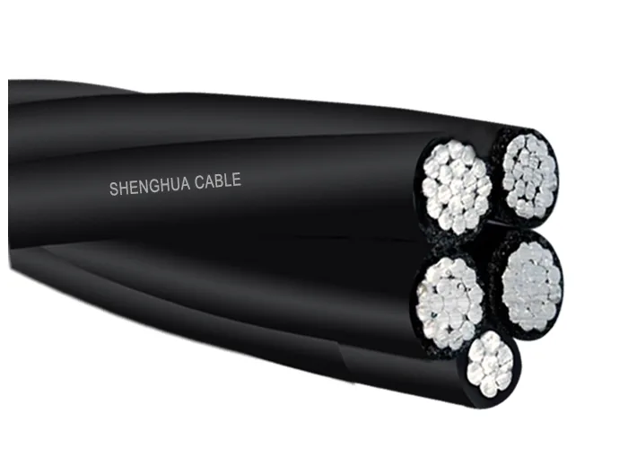 Aerial bundled cable cut back to show four insulated stranded cores grouped under a black sheath