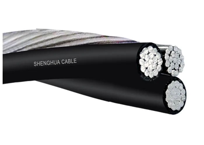 Aerial bundled cable with two insulated cores and a bare stranded conductor twisted alongside them