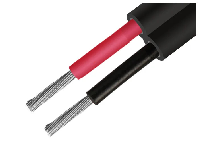 Flat twin cable with a red and a black insulated core, stripped at the ends to the conductors
