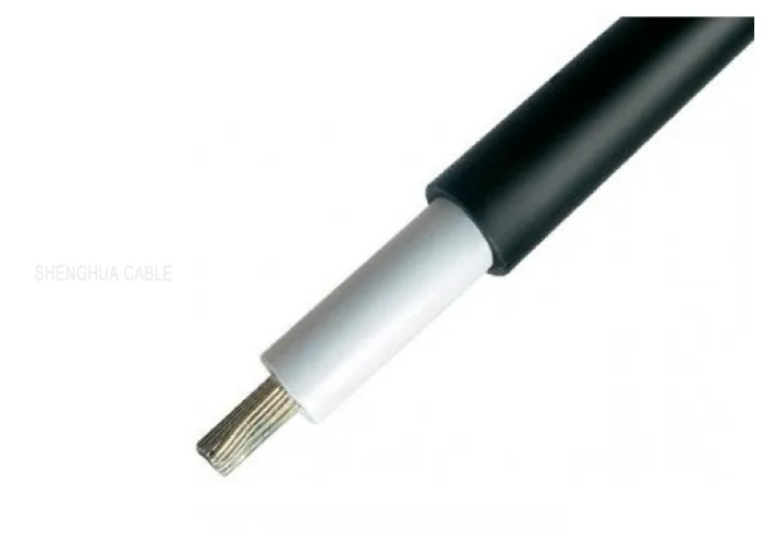 Flat twin cable peeled back to show two separately insulated cores, one white and one black