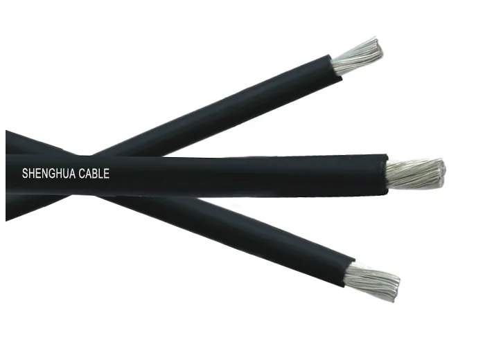 Three single-core black sheathed cables crossing, each stripped at the end to a silver-coloured conductor