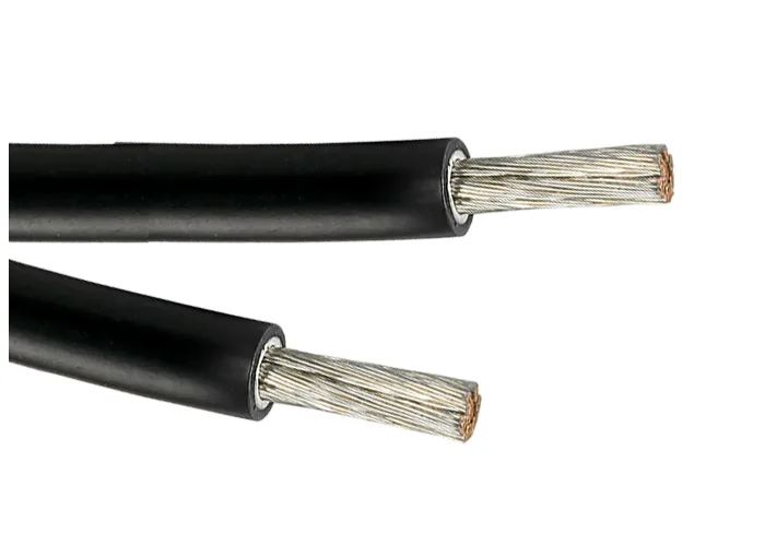Two black sheathed single-core cables lying parallel, stripped at the end to silver-coloured stranded conductors