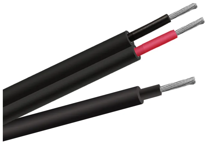 Two single-core cables, one red sheathed and one black, both stripped to show silver-coloured conductors
