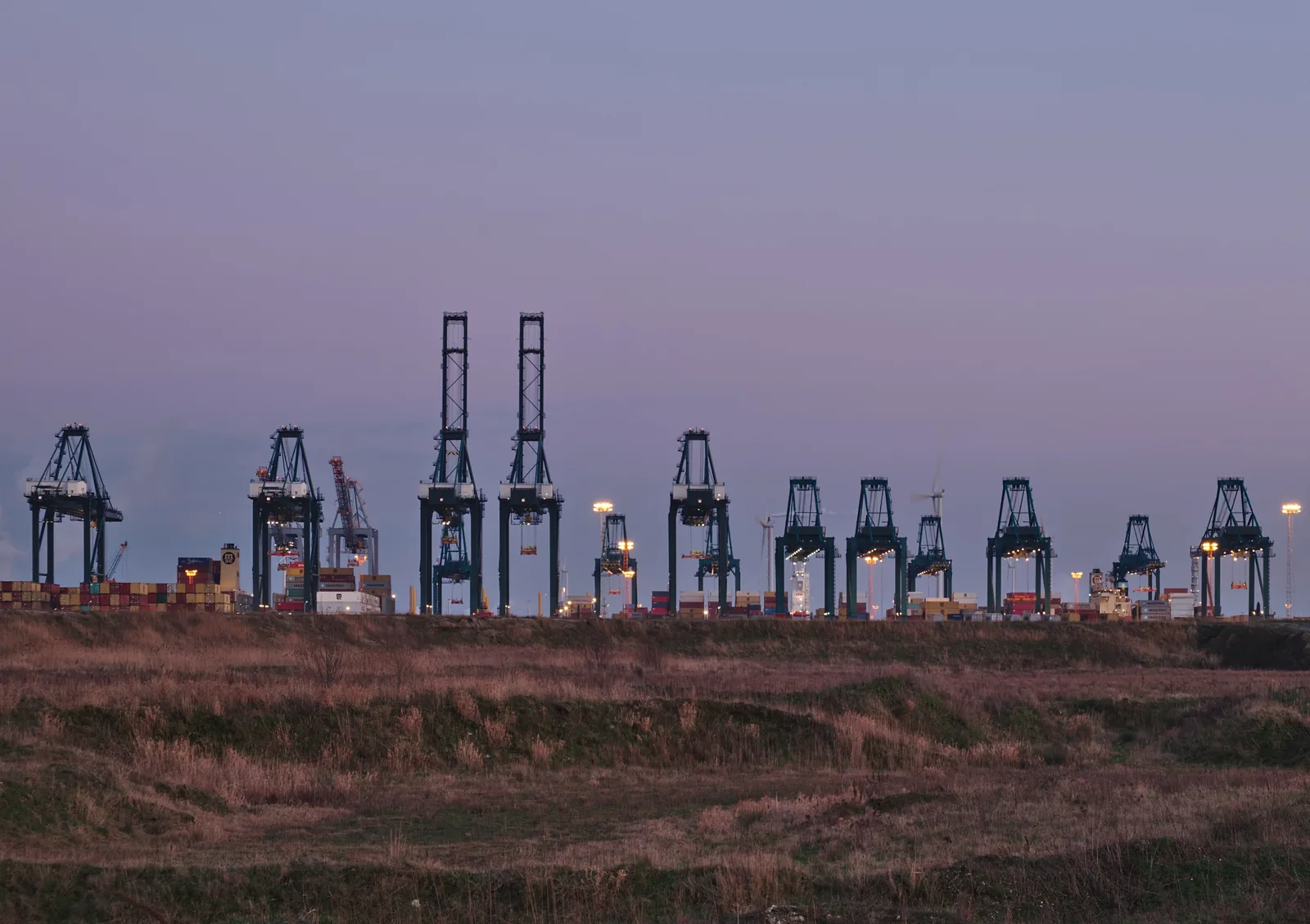 Container cranes in a row along a port skyline at dusk, with stacked containers at their base